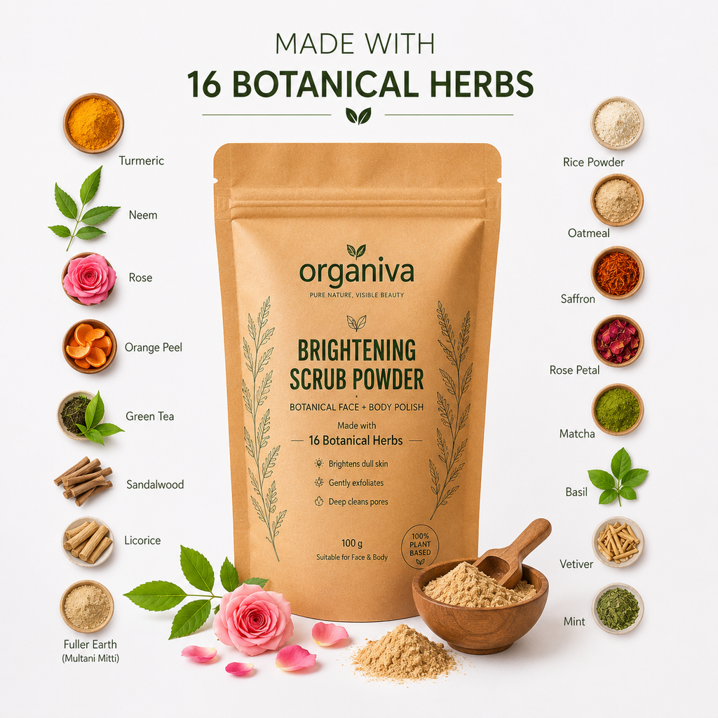 Organic face scrub with turmeric neem sandalwood orange peel and 16 botanical herbs