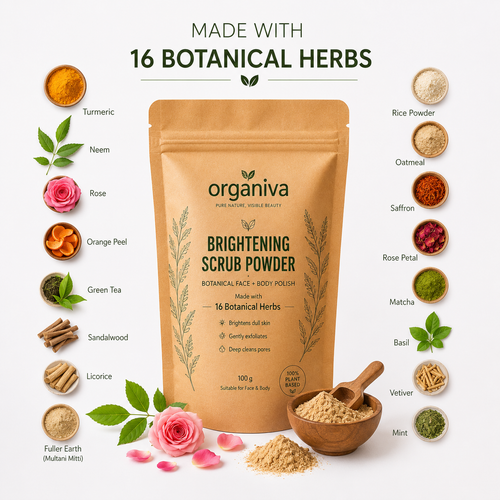 Organic face scrub with turmeric neem sandalwood orange peel and 16 botanical herbs