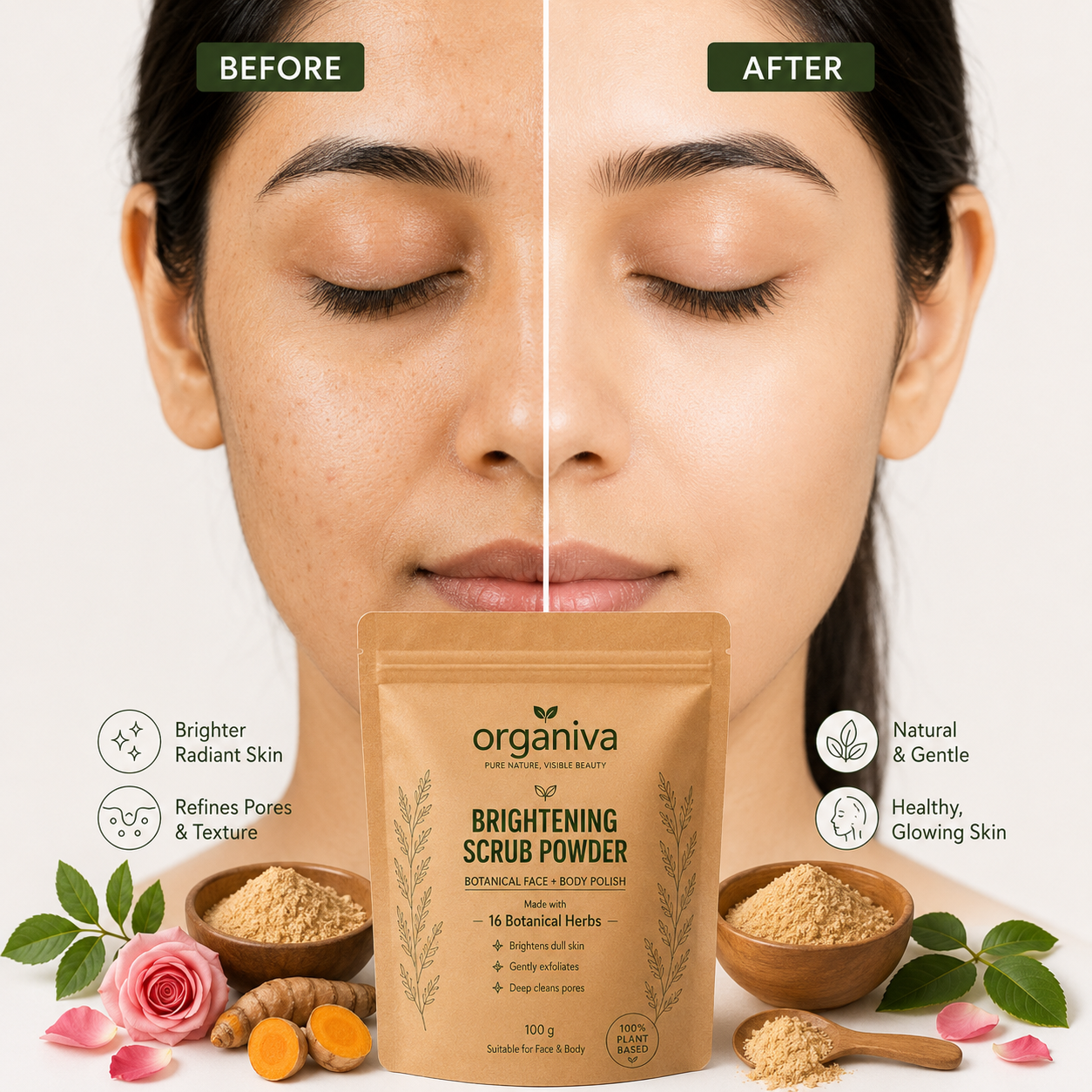 Before and after using Organiva organic face scrub for brighter smoother skin