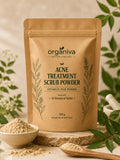 Organiva Acne Treatment Scrub Powder with 16 botanical herbs, a plant-based face scrub designed for gentle exfoliation and deep cleansing.