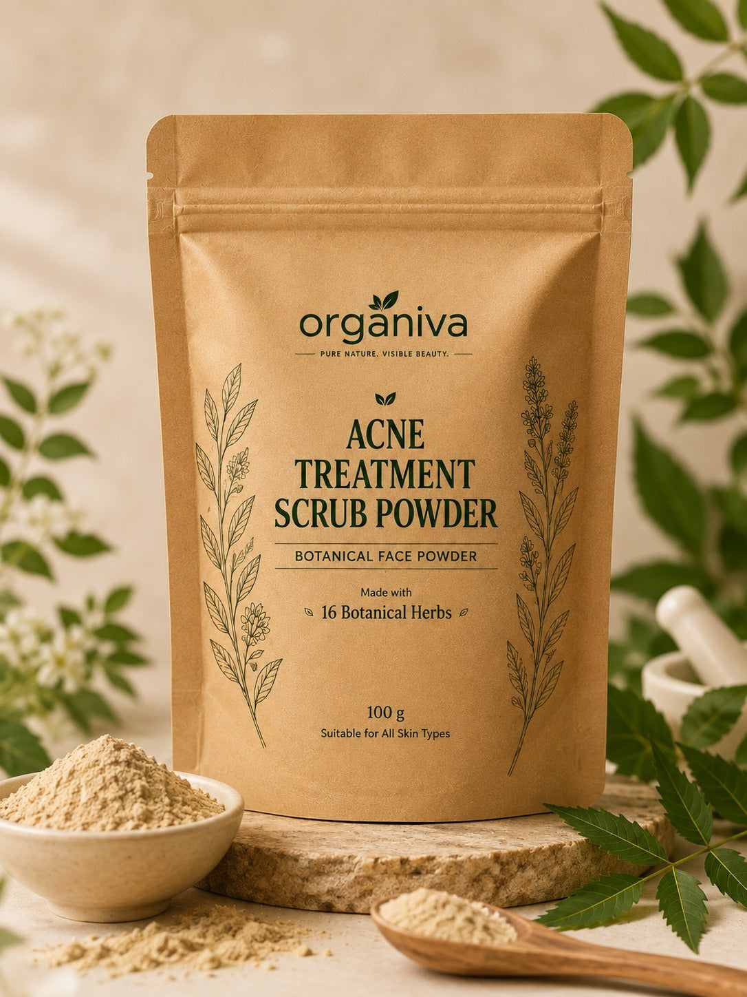 Organiva Acne Treatment Scrub Powder with 16 botanical herbs, a plant-based face scrub designed for gentle exfoliation and deep cleansing.