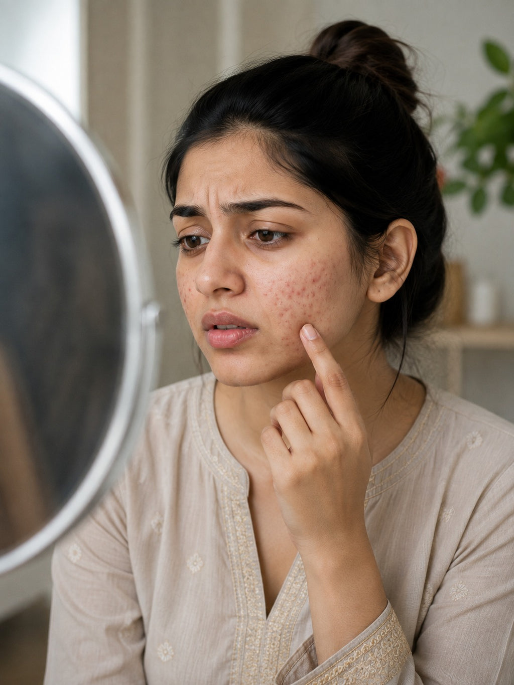 Pakistani woman looking at acne-prone skin in mirror during her skincare routine