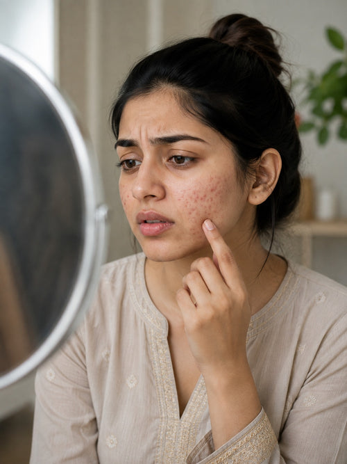Pakistani woman looking at acne-prone skin in mirror during her skincare routine