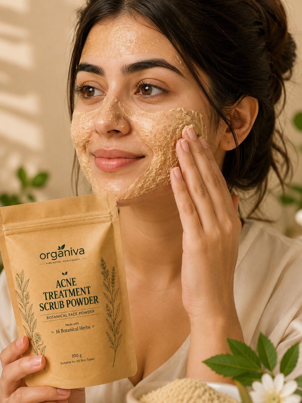 Pakistani woman applying Organiva Acne Treatment Scrub Powder botanical face scrub to her skin
