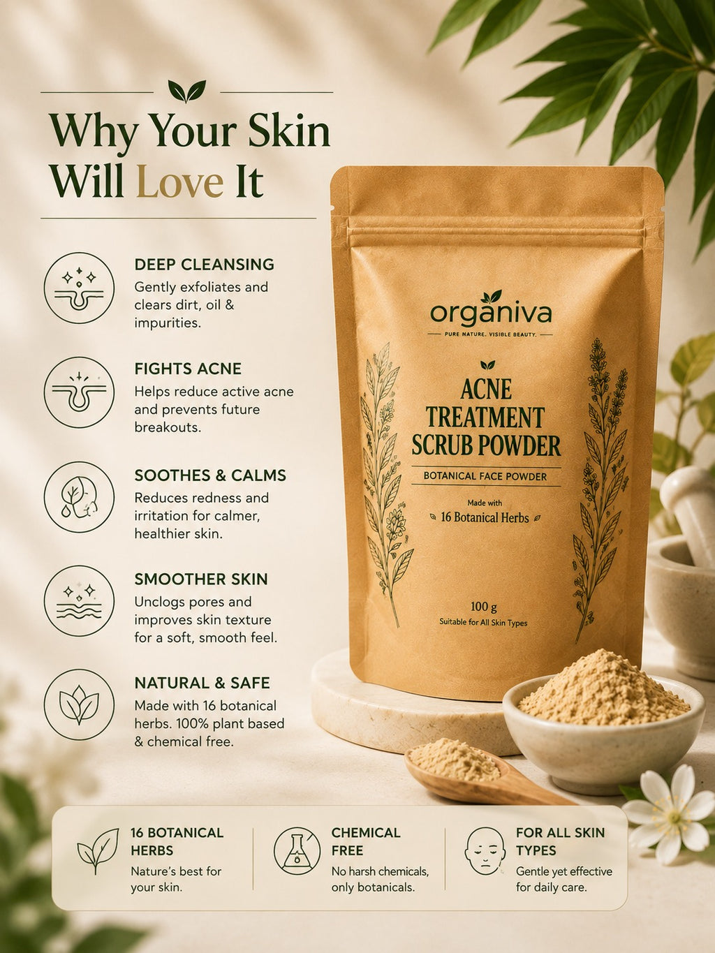 Organiva Acne Treatment Scrub Powder with 16 botanical herbs for gentle exfoliation and deep cleansing