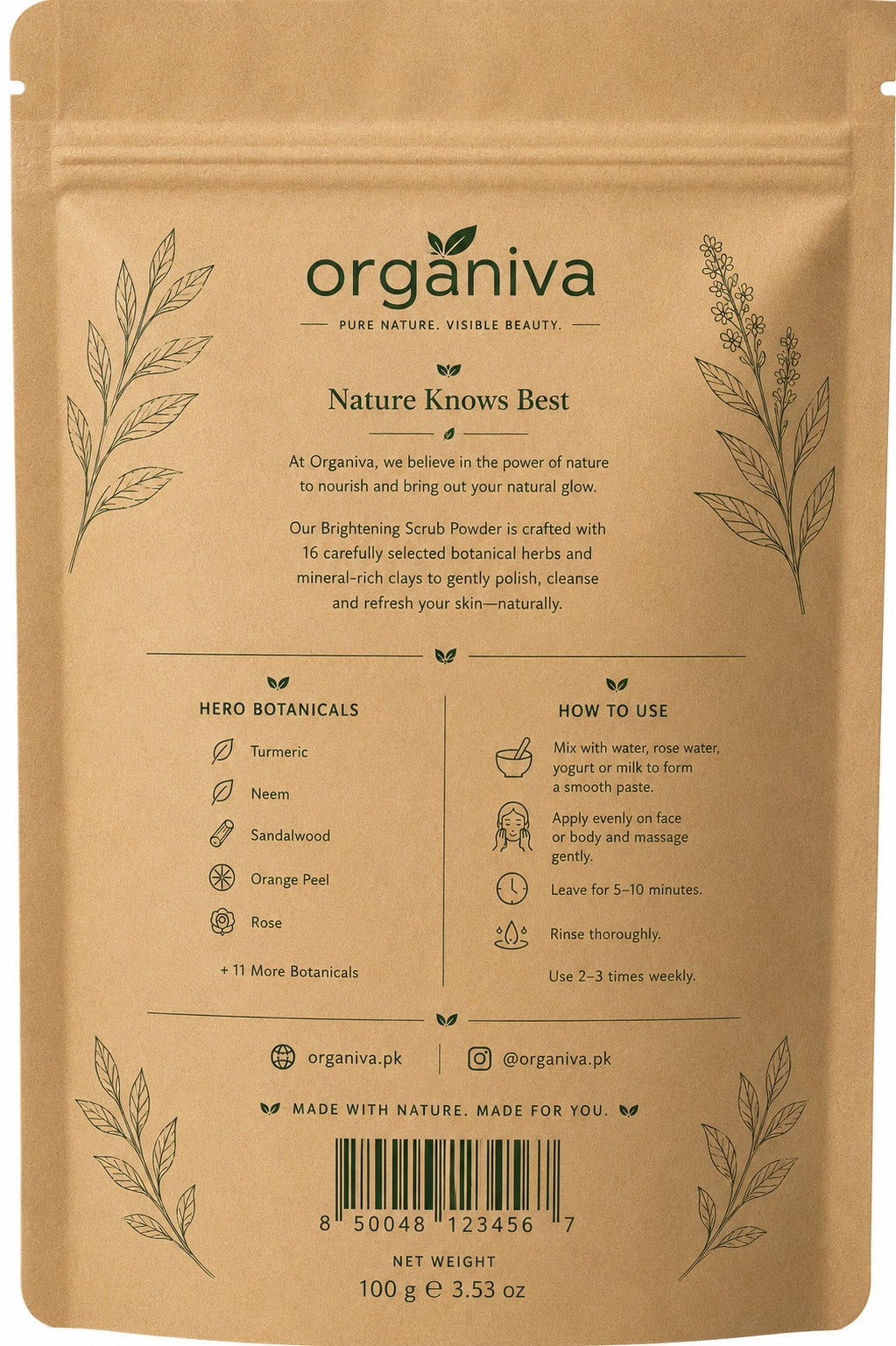 Organiva Acne Treatment Scrub Powder packaging with 16 botanical herbs and usage instructions