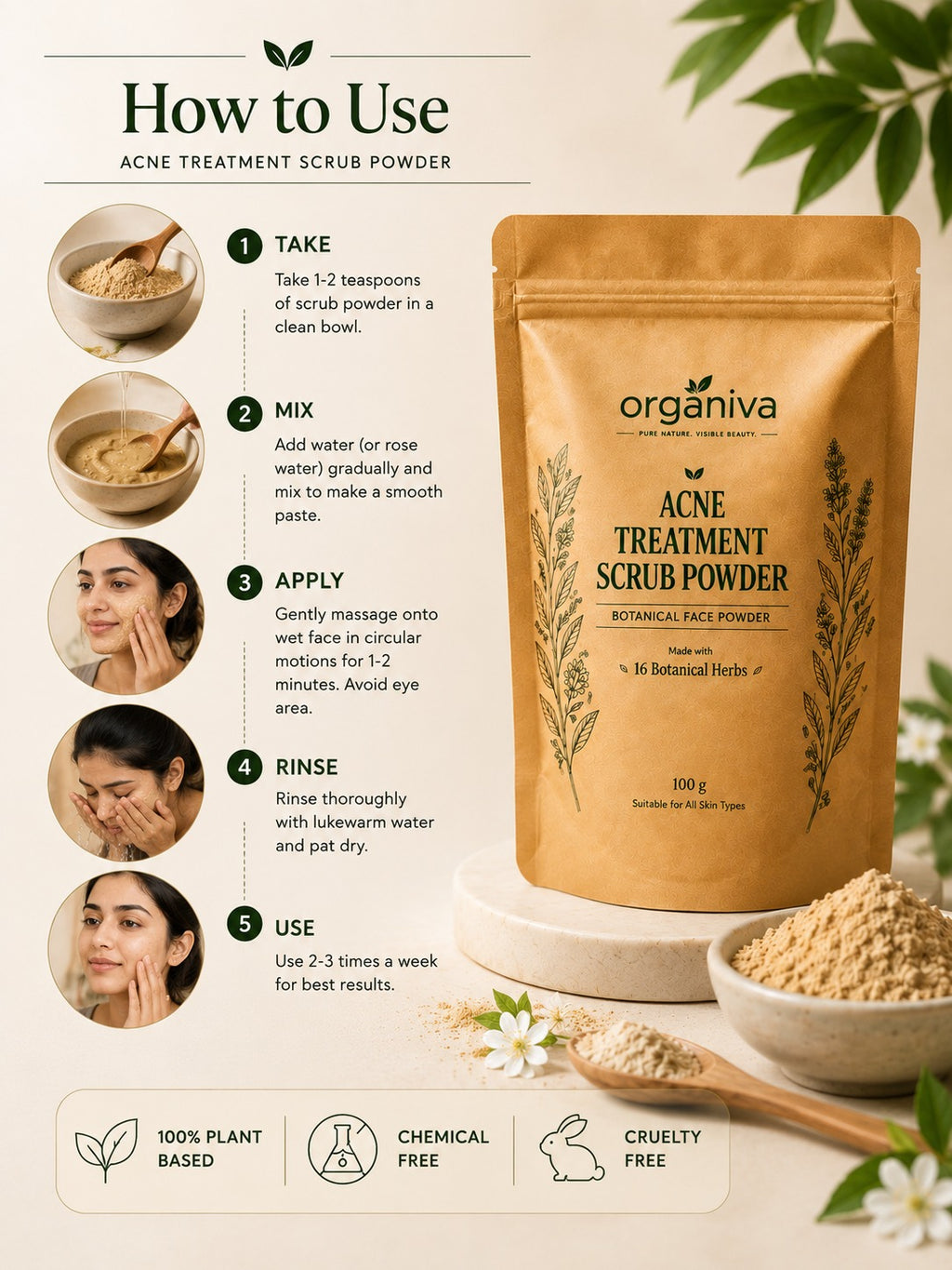 Organiva Acne Treatment Scrub Powder how to use with step-by-step application instructions